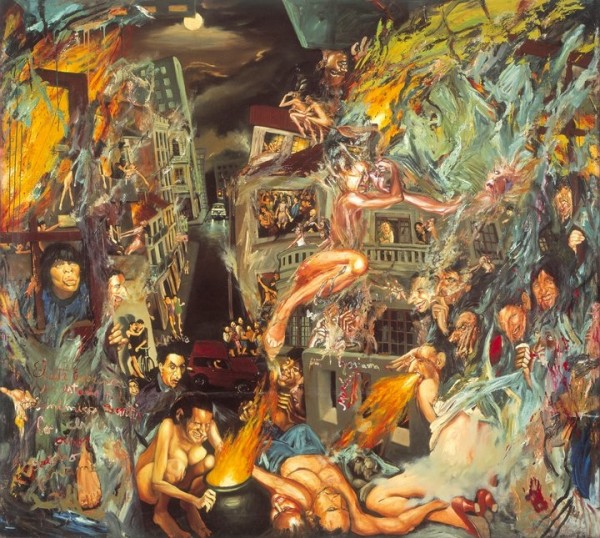 Título: "Espectáculos energumenescos de gente ebria en noche plenilunada" Técnica: Óleo sobre tela Año: 1993 Medidas: 1.80 X 2.20