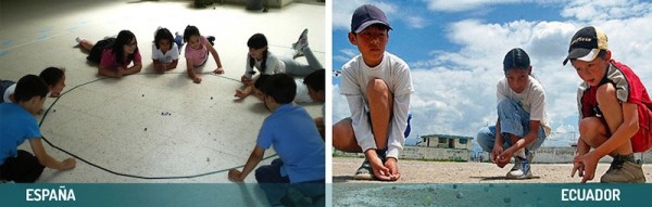 Niños jugando canicas: Periódico El Gancho de Sevilla y Ministerio de Turismo de Ecuador.