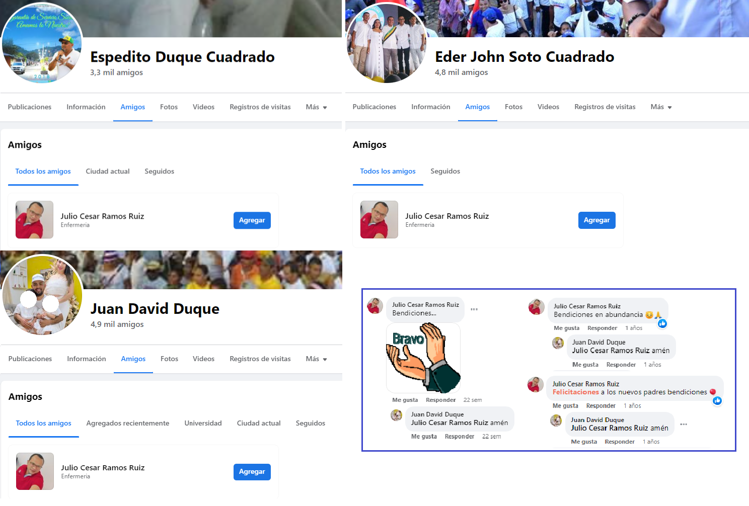 Capturas de pantalla de Facebook que muestran los vínculos entre Ramos y el clan Duque (Fuente: Cuestión Pública)